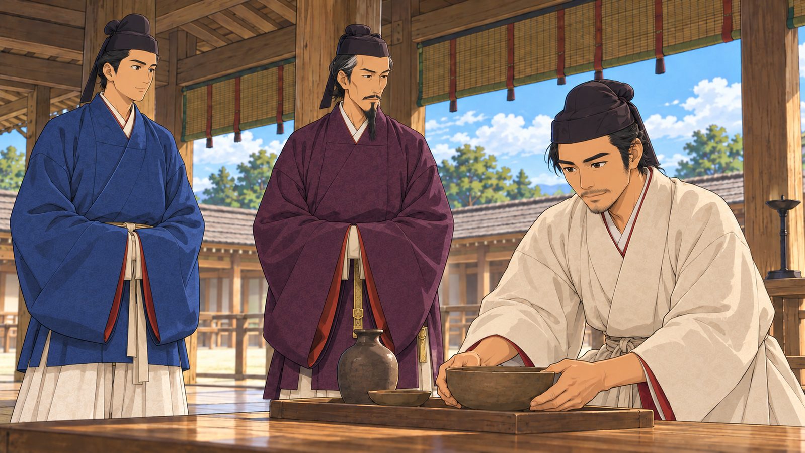 朝倉の宿所に立つ、中大兄皇子・中臣鎌足・卜部定家