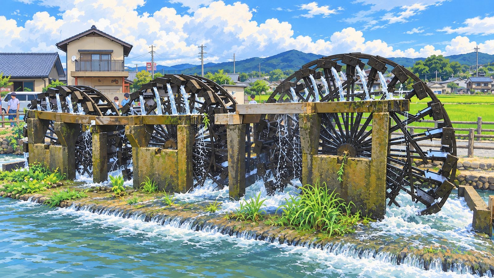 作品に描かれた三連水車